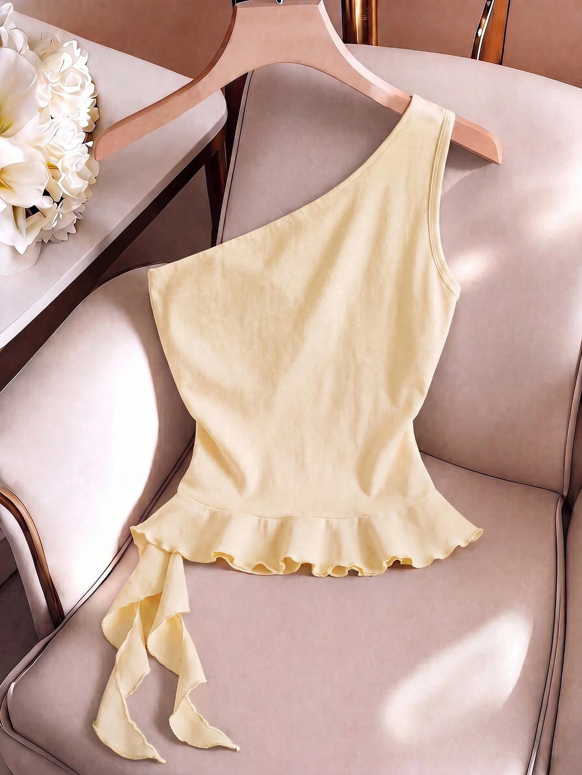 GlowEve Women's Elegant Solid Color Ruffle Hem Sleeveless Top, Summer