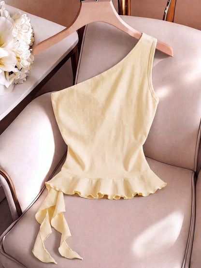 GlowEve Women's Elegant Solid Color Ruffle Hem Sleeveless Top, Summer