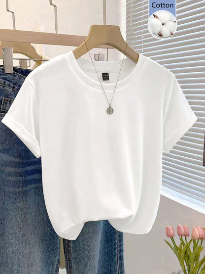 GlowEve Women's Retro Cotton Round Neck Short Sleeve T-Shirt,Casual Loose Cropped Tee,All White,Summer,Casual,School,Minimalist Elegant Office Layering Top