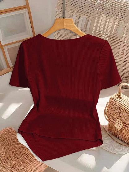 GlowEve Women's Summer Asymmetrical Shoulder Short Sleeve T-Shirt With Bow Decor
