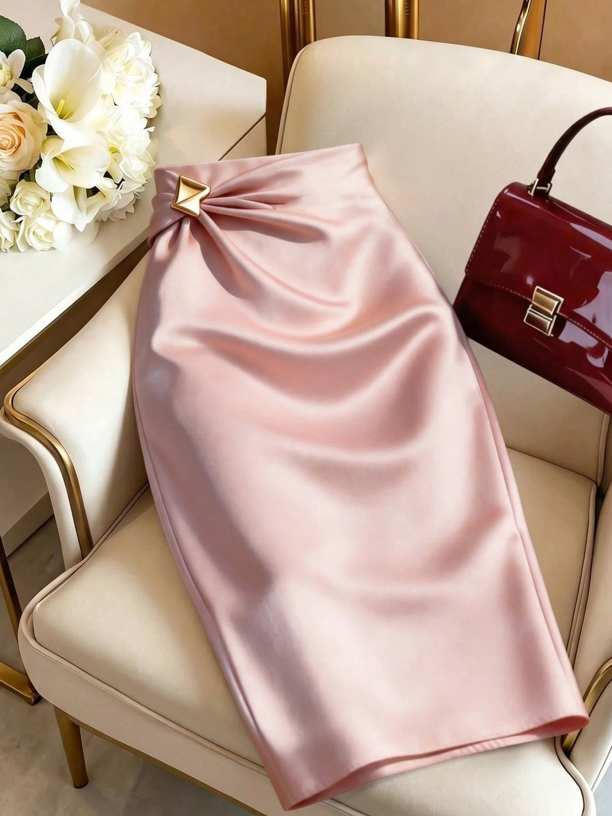 GlowEve Women Summer Dusty Pink Smooth Satin Fitted Pencil Skirt,Metal Waist Buckle Decor,Winter Elegant Party Bodycon Skirt,Business Office Attire,Urban