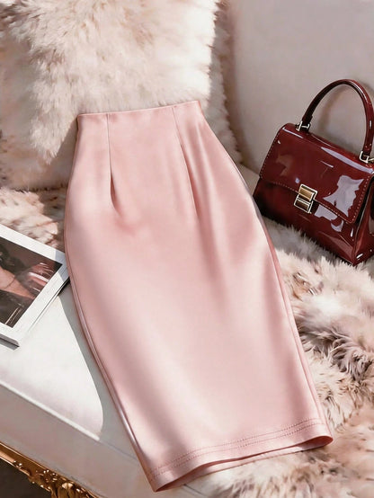 GlowEve Women Summer Dusty Pink Smooth Satin Fitted Pencil Skirt,Metal Waist Buckle Decor,Winter Elegant Party Bodycon Skirt,Business Office Attire,Urban