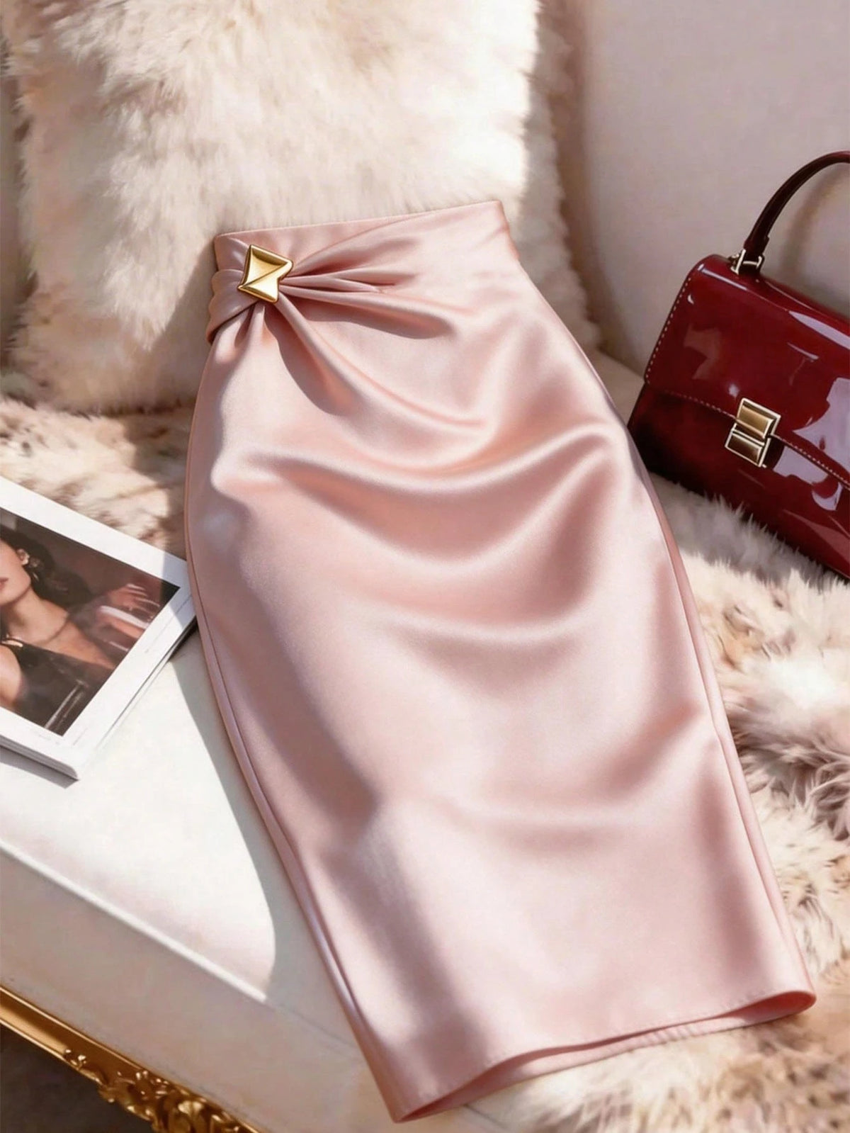 GlowEve Women Summer Dusty Pink Smooth Satin Fitted Pencil Skirt,Metal Waist Buckle Decor,Winter Elegant Party Bodycon Skirt,Business Office Attire,Urban