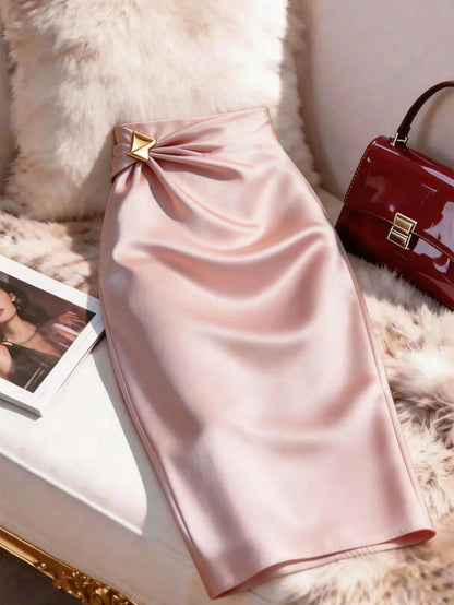 GlowEve Women Summer Dusty Pink Smooth Satin Fitted Pencil Skirt,Metal Waist Buckle Decor,Winter Elegant Party Bodycon Skirt,Business Office Attire,Urban