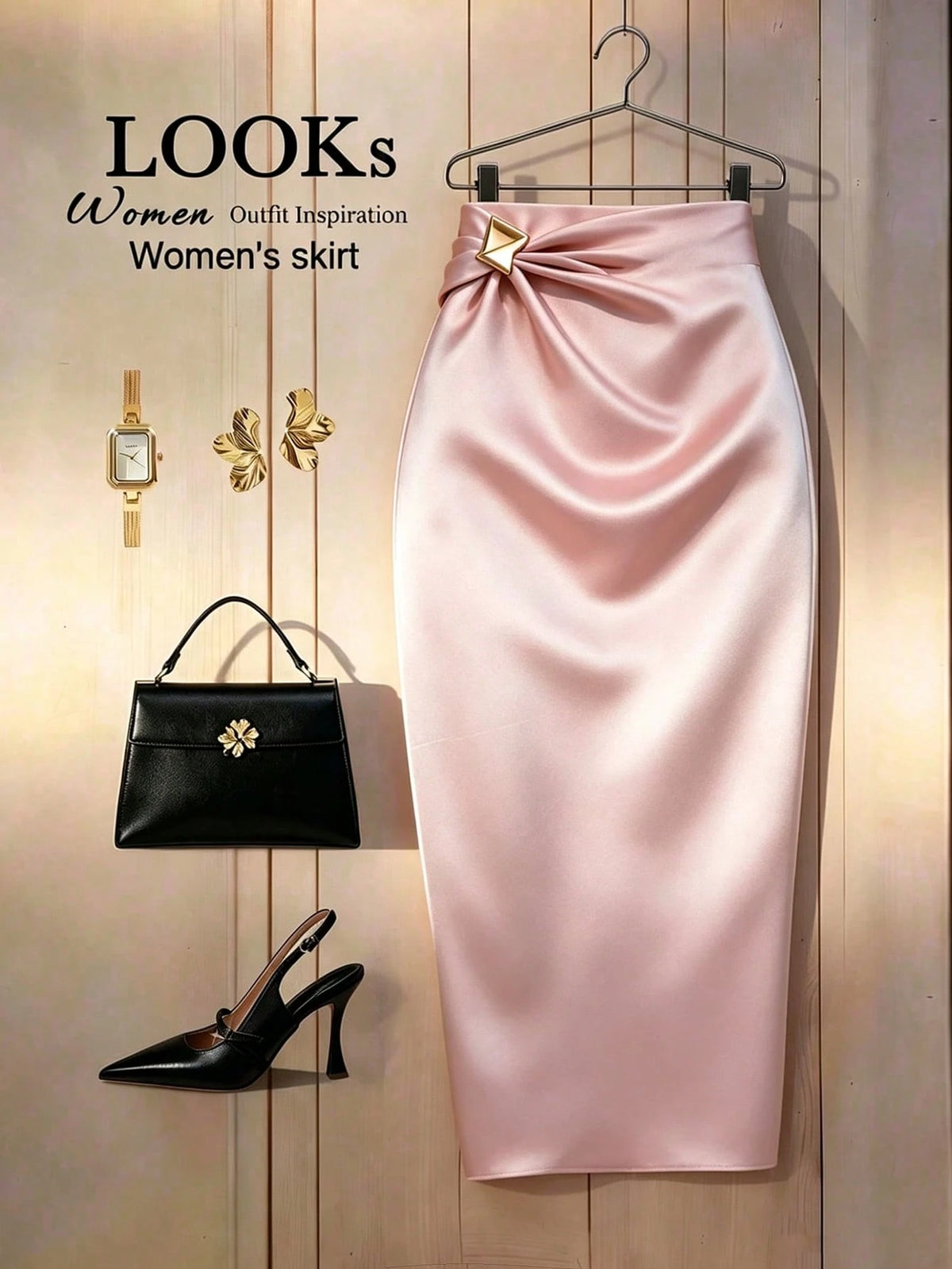 GlowEve Women Summer Dusty Pink Smooth Satin Fitted Pencil Skirt,Metal Waist Buckle Decor,Winter Elegant Party Bodycon Skirt,Business Office Attire,Urban
