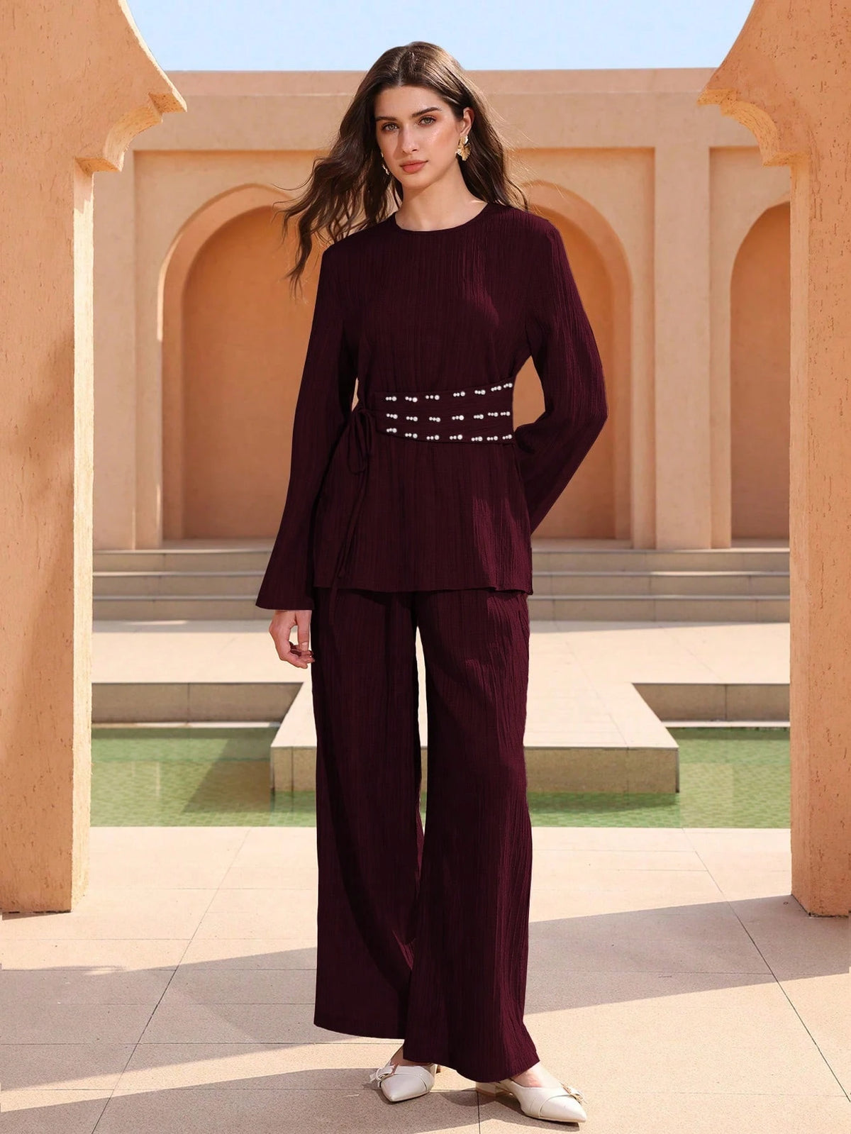 Graceveil 2pcs Textured Fabric Round Neck Elegant Loose Long Sleeve Women's Wedding Guest Vacation Lace-Up Burgundy Two Piece Set, Waist Tie With Pearl Decor