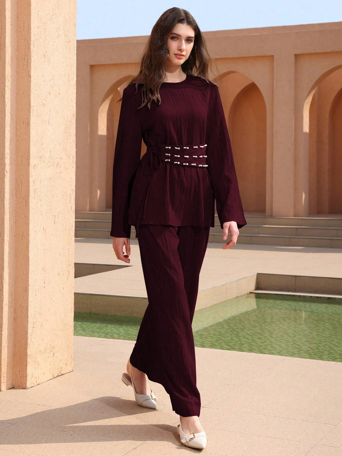 Graceveil 2pcs Textured Fabric Round Neck Elegant Loose Long Sleeve Women's Wedding Guest Vacation Lace-Up Burgundy Two Piece Set, Waist Tie With Pearl Decor