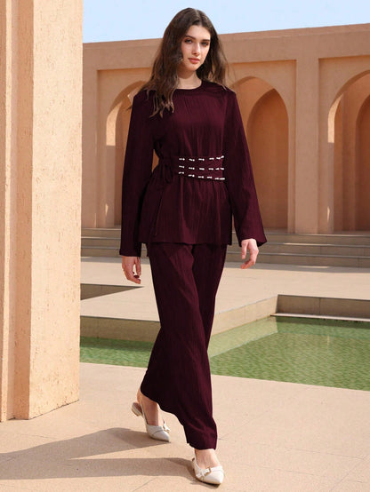 Graceveil 2pcs Textured Fabric Round Neck Elegant Loose Long Sleeve Women's Wedding Guest Vacation Lace-Up Burgundy Two Piece Set, Waist Tie With Pearl Decor