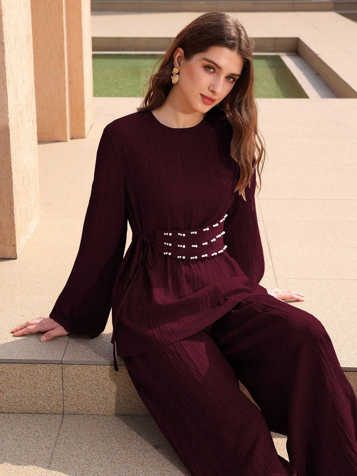 Graceveil 2pcs Textured Fabric Round Neck Elegant Loose Long Sleeve Women's Wedding Guest Vacation Lace-Up Burgundy Two Piece Set, Waist Tie With Pearl Decor