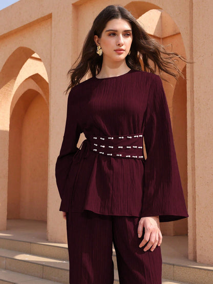 Graceveil 2pcs Textured Fabric Round Neck Elegant Loose Long Sleeve Women's Wedding Guest Vacation Lace-Up Burgundy Two Piece Set, Waist Tie With Pearl Decor