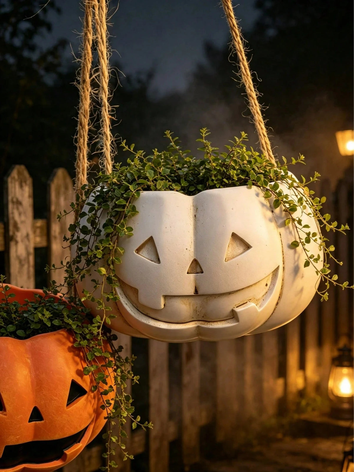 Halloween Pumpkin Hanging Planter, Resin Lantern Man Hanging Basket Flower Pot, Orange And White Pumpkin Face Succulent Plant Pot, Indoor Outdoor Garden Patio Balcony Halloween Decor Plant Pot