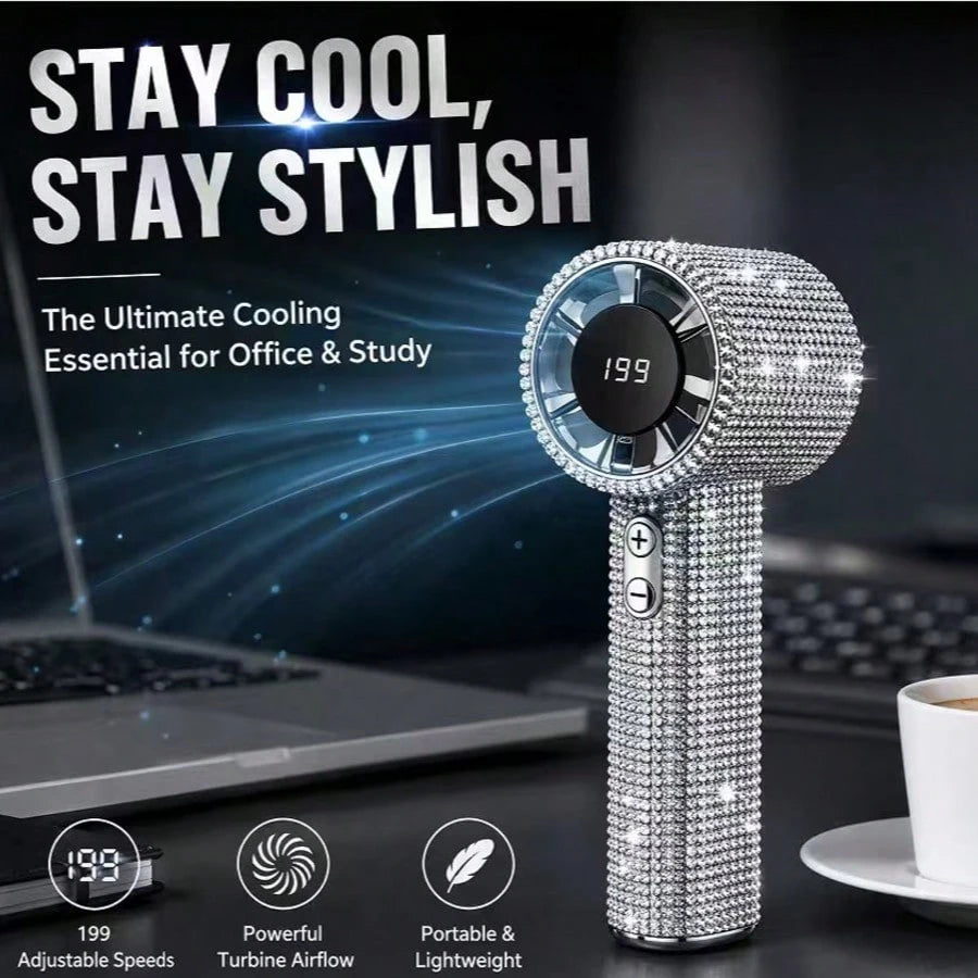 Handheld Mini Quiet Portable Fan, Fashionable Full Diamond Fan, 1800mAh Rechargeable Battery Powered, Suitable For Travel, Outdoor, Holiday, Beach And Other Outdoor Activities