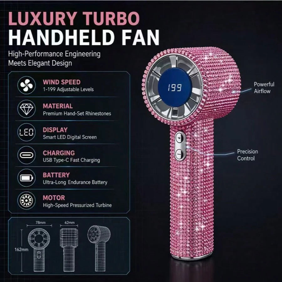 Handheld Mini Quiet Portable Fan, Fashionable Full Diamond Fan, 1800mAh Rechargeable Battery Powered, Suitable For Travel, Outdoor, Holiday, Beach And Other Outdoor Activities