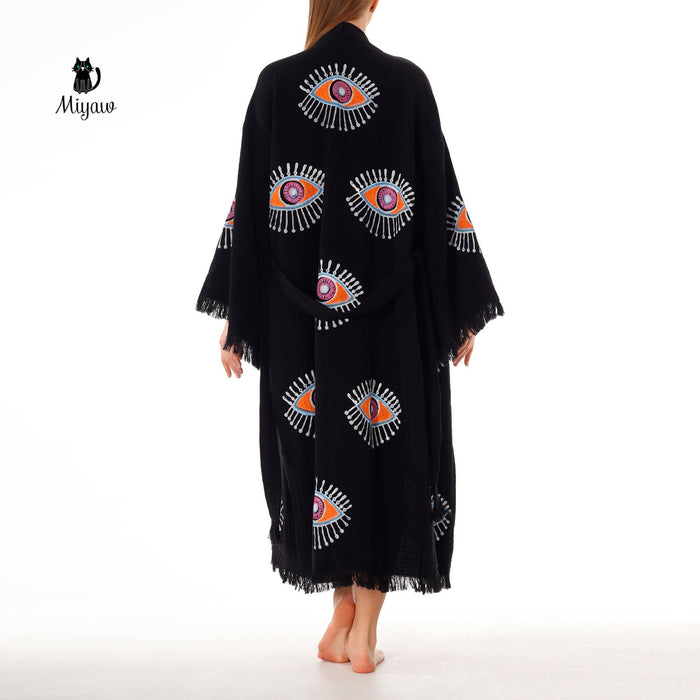 Handmade Organic Cotton Kimono Robe - Black Evil Eye