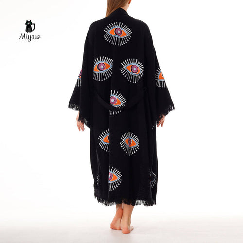 Handmade Organic Cotton Kimono Robe - Black Evil Eye