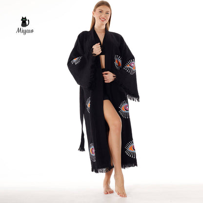 Handmade Organic Cotton Kimono Robe - Black Evil Eye