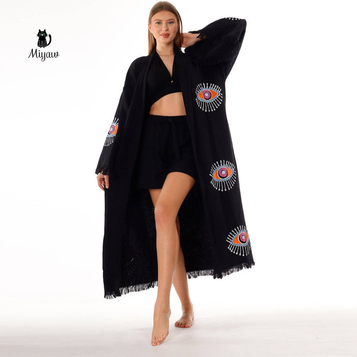 Handmade Organic Cotton Kimono Robe - Black Evil Eye