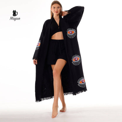 Handmade Organic Cotton Kimono Robe - Black Evil Eye