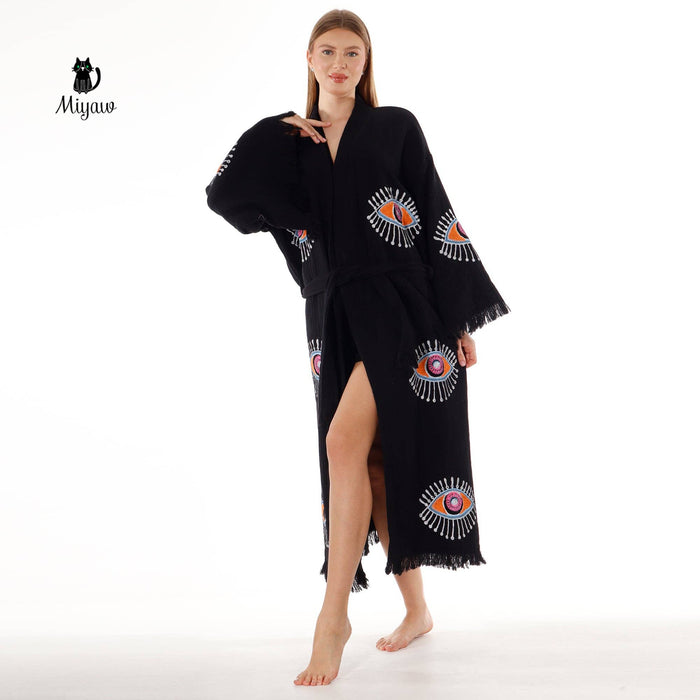 Handmade Organic Cotton Kimono Robe - Black Evil Eye