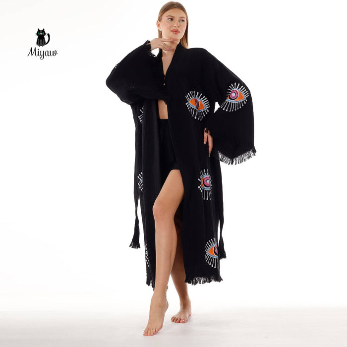 Handmade Organic Cotton Kimono Robe - Black Evil Eye