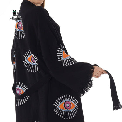 Handmade Organic Cotton Kimono Robe - Black Evil Eye