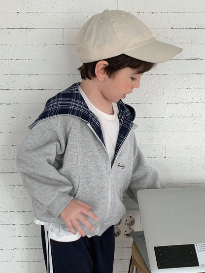 Hapijoa Kids Fall Clothes, Young Boys Thermal Lined Jacket, Patchwork Plaid Hooded, Casual Loose Fit, Letter Print, Minimalist Style, Autumn