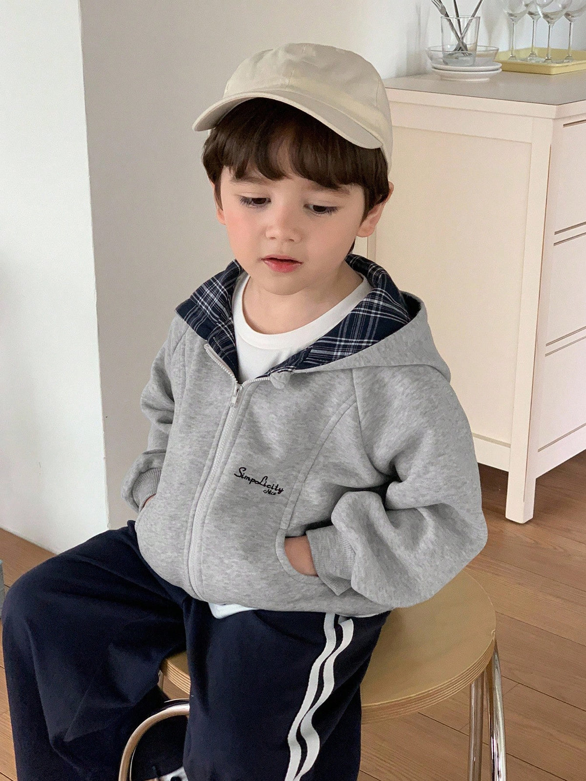 Hapijoa Kids Fall Clothes, Young Boys Thermal Lined Jacket, Patchwork Plaid Hooded, Casual Loose Fit, Letter Print, Minimalist Style, Autumn