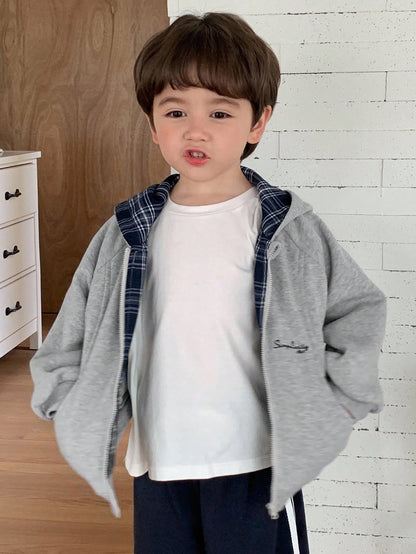 Hapijoa Kids Fall Clothes, Young Boys Thermal Lined Jacket, Patchwork Plaid Hooded, Casual Loose Fit, Letter Print, Minimalist Style, Autumn