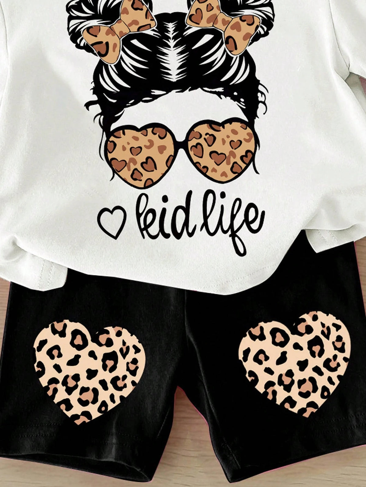 Happikins Cool Girl, Leopard Heart, Cute Girl, Baby Girl Casual Simple Round Neck Short Sleeve Outfit Suitable For Spring And Summer