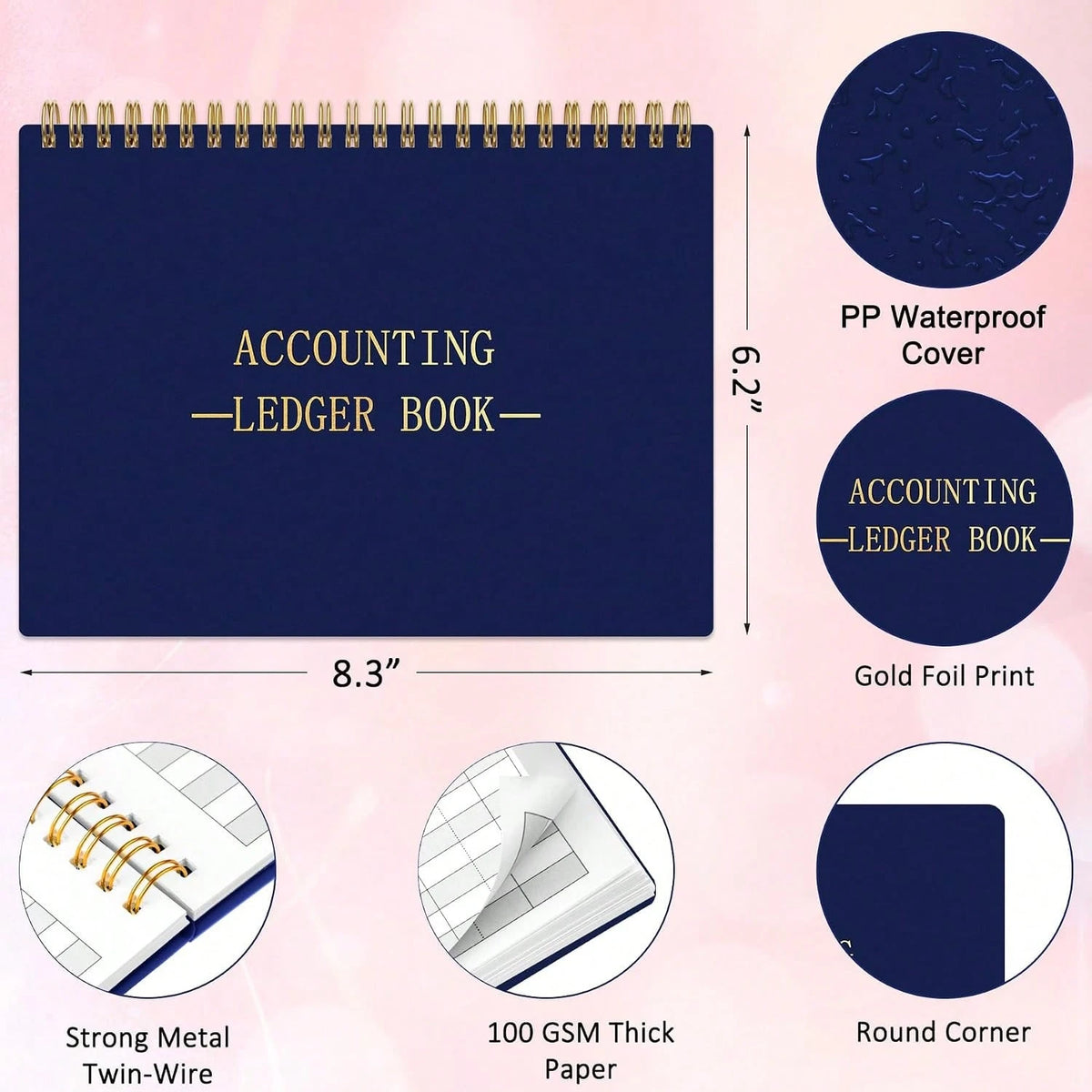 HAUTOCO Accounting Ledger Book A5 Horizontal Ledger Books For Small Business Bookkeeping Expense Tracker Notebook For Home Budget Tracking Personal Finance Log Journal 8.3 X 6.2'', Navy Blue