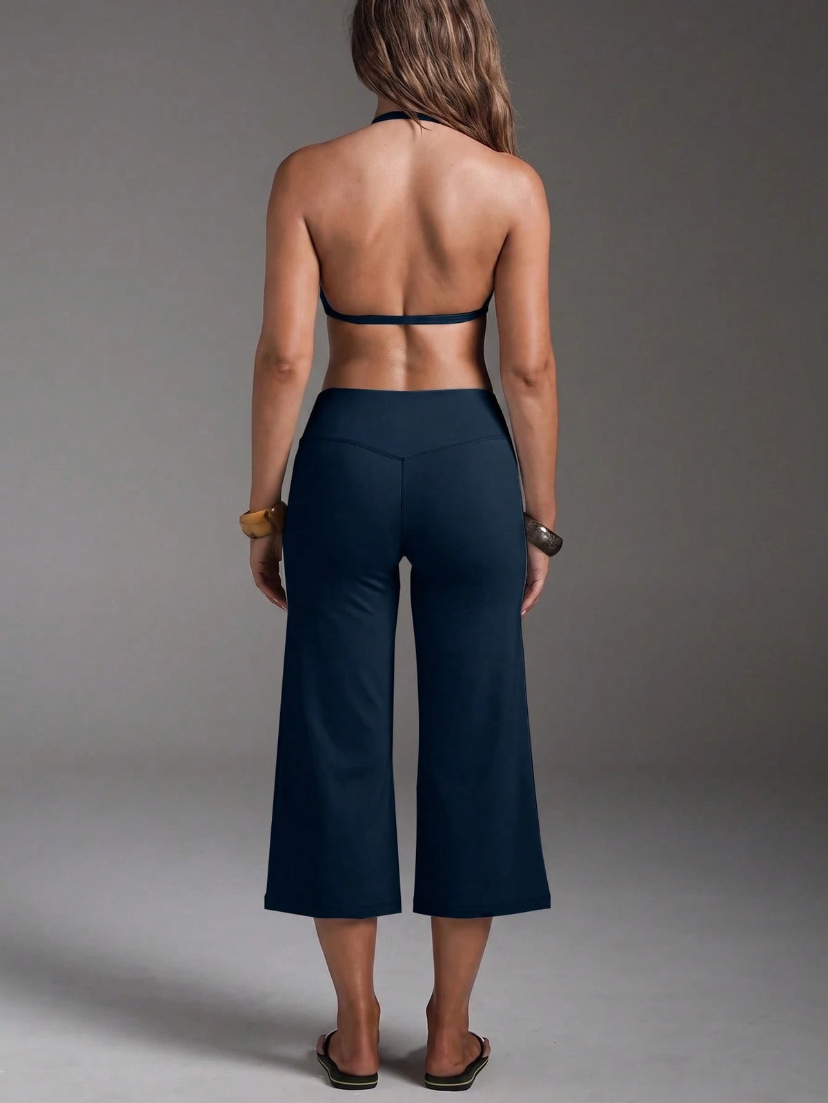 High-Waist Wide-Leg Capri Pants, Casual Pure Black Loose Capri Pants, Comfortable Slimming Versatile Summer