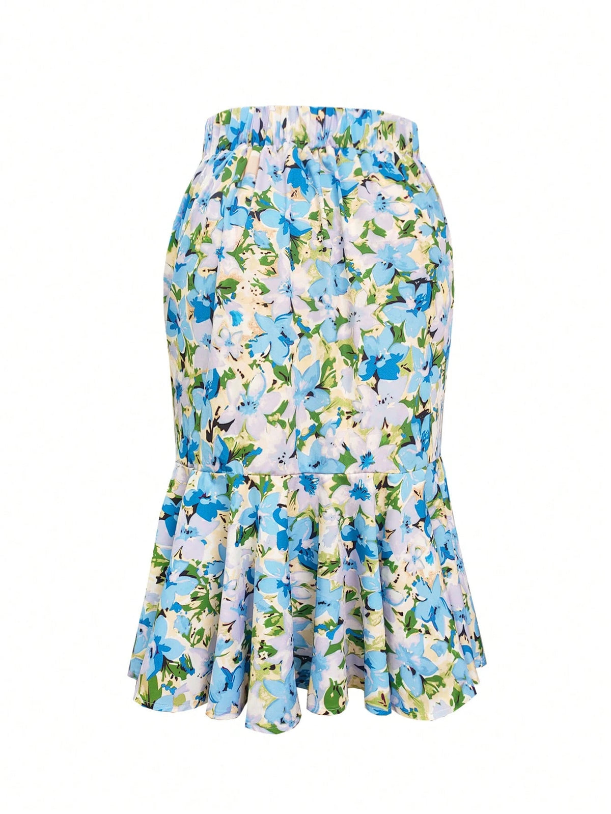 High-Waisted Ditsy Floral Fishtail Mini Skirt, Made Of Polyester Fabric With Stretch Waist, Suitable For Spring/Summer Vacation Wear