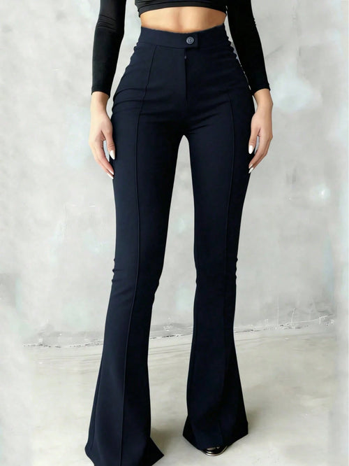 High-Waisted Flare Black Pants With Front Seam Detail, Button Design, Stretchy Black Trousers Suitable For Daily, Formal, Soft Fabric, Minimalist Fashion, Suitable For Vacation, Office, Casual, Busine