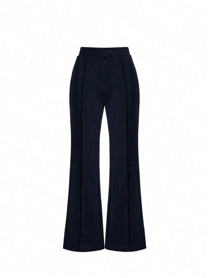 High-Waisted Flare Black Pants With Front Seam Detail, Button Design, Stretchy Black Trousers Suitable For Daily, Formal, Soft Fabric, Minimalist Fashion, Suitable For Vacation, Office, Casual, Busine