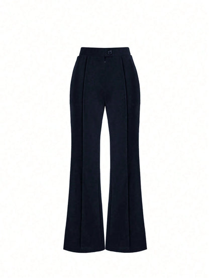 High-Waisted Flare Black Pants With Front Seam Detail, Button Design, Stretchy Black Trousers Suitable For Daily, Formal, Soft Fabric, Minimalist Fashion, Suitable For Vacation, Office, Casual, Busine