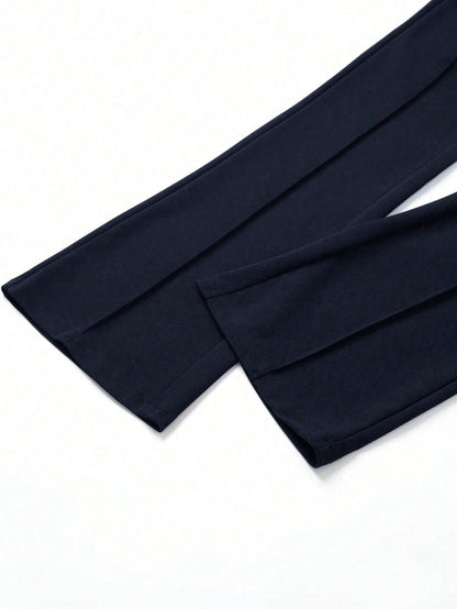 High-Waisted Flare Black Pants With Front Seam Detail, Button Design, Stretchy Black Trousers Suitable For Daily, Formal, Soft Fabric, Minimalist Fashion, Suitable For Vacation, Office, Casual, Busine