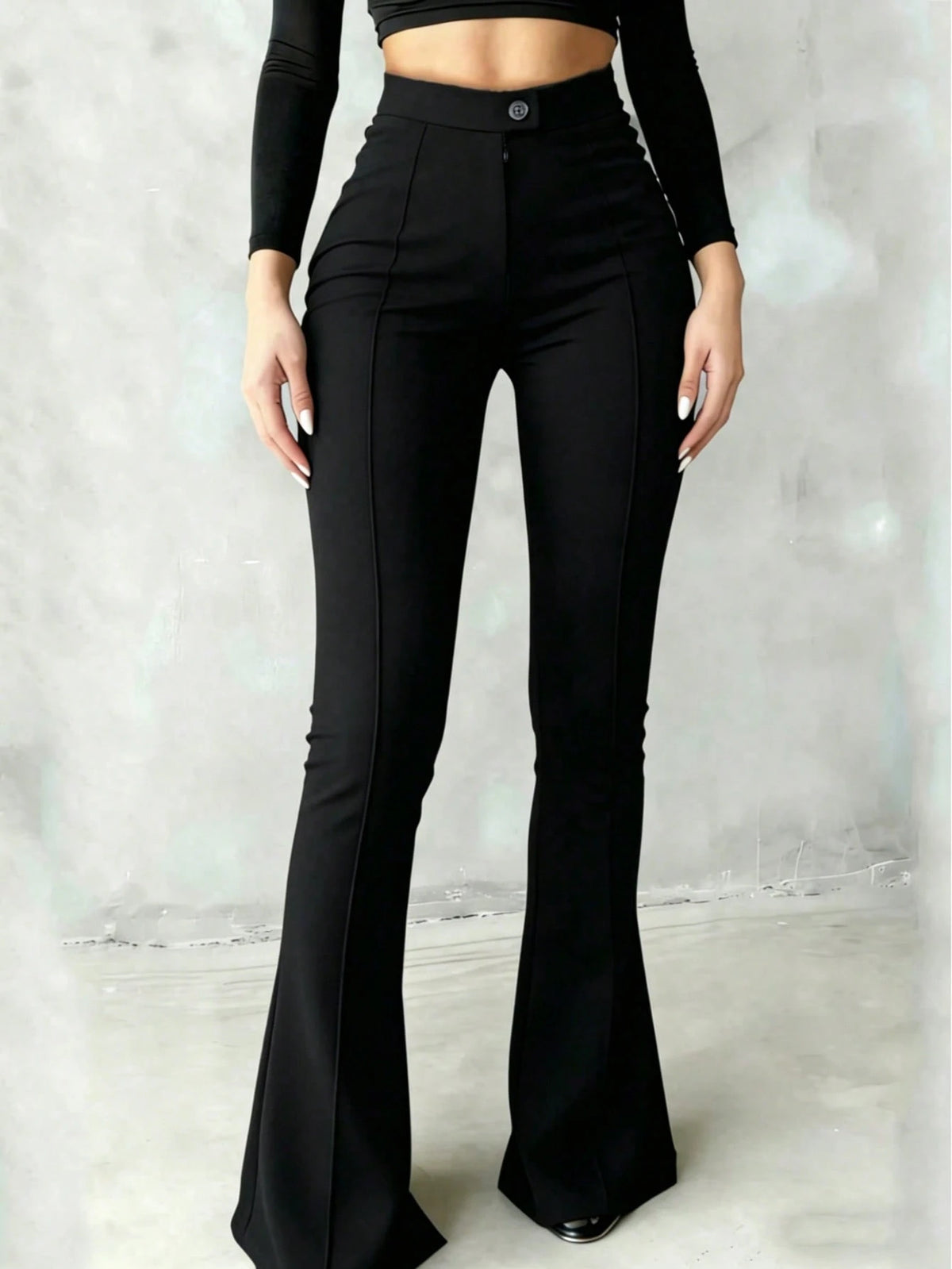 High-Waisted Flare Black Pants With Front Seam Detail, Button Design, Stretchy Black Trousers Suitable For Daily, Formal, Soft Fabric, Minimalist Fashion, Suitable For Vacation, Office, Casual, Busine