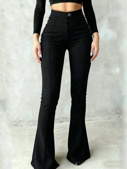 High-Waisted Flare Black Pants With Front Seam Detail, Button Design, Stretchy Black Trousers Suitable For Daily, Formal, Soft Fabric, Minimalist Fashion, Suitable For Vacation, Office, Casual, Busine
