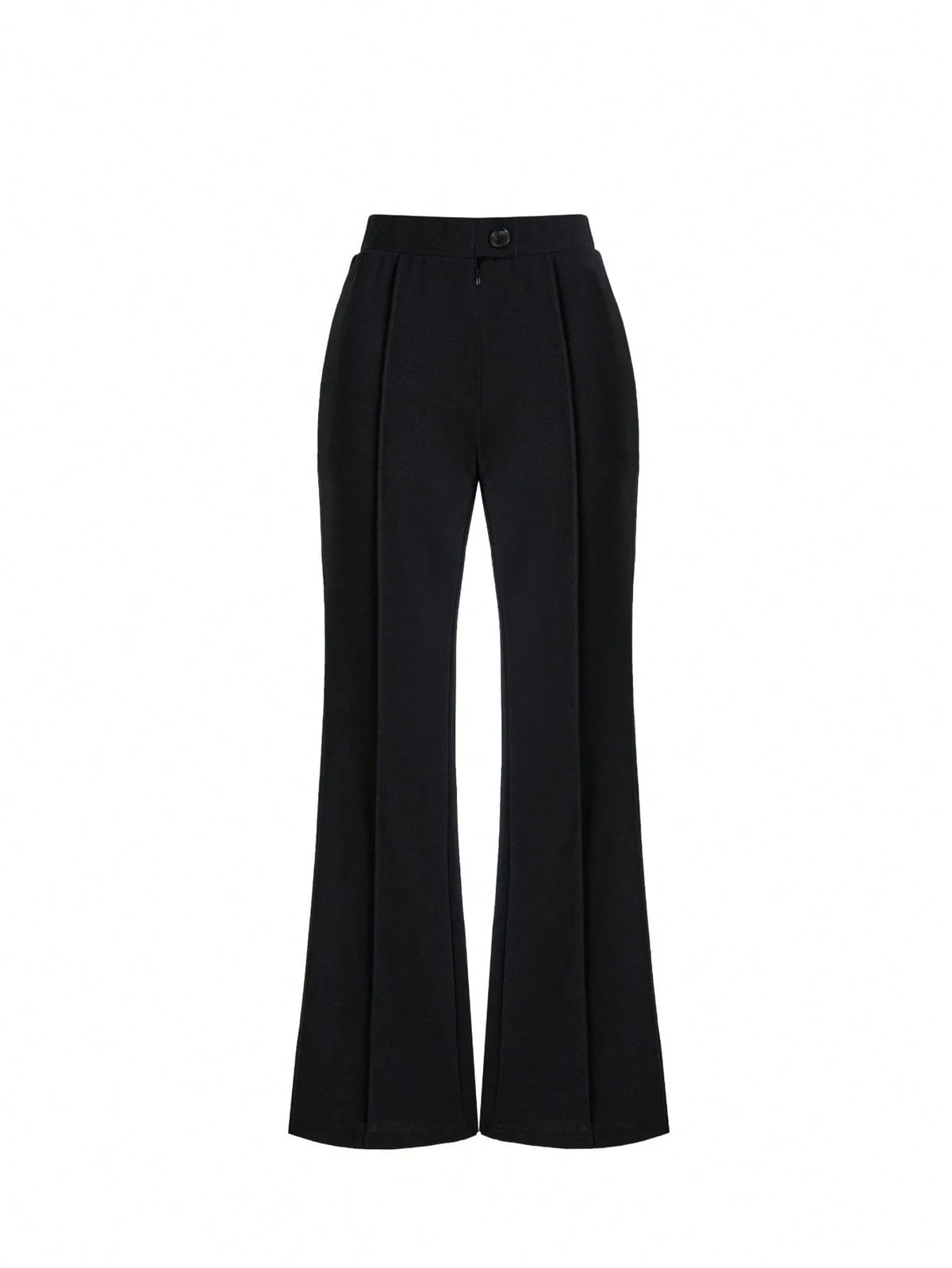 High-Waisted Flare Black Pants With Front Seam Detail, Button Design, Stretchy Black Trousers Suitable For Daily, Formal, Soft Fabric, Minimalist Fashion, Suitable For Vacation, Office, Casual, Busine