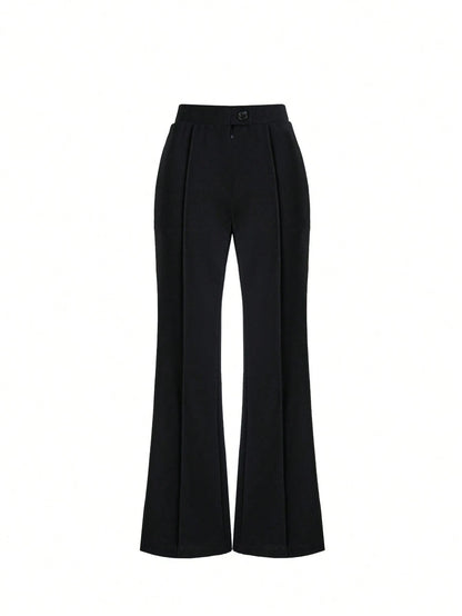 High-Waisted Flare Black Pants With Front Seam Detail, Button Design, Stretchy Black Trousers Suitable For Daily, Formal, Soft Fabric, Minimalist Fashion, Suitable For Vacation, Office, Casual, Busine