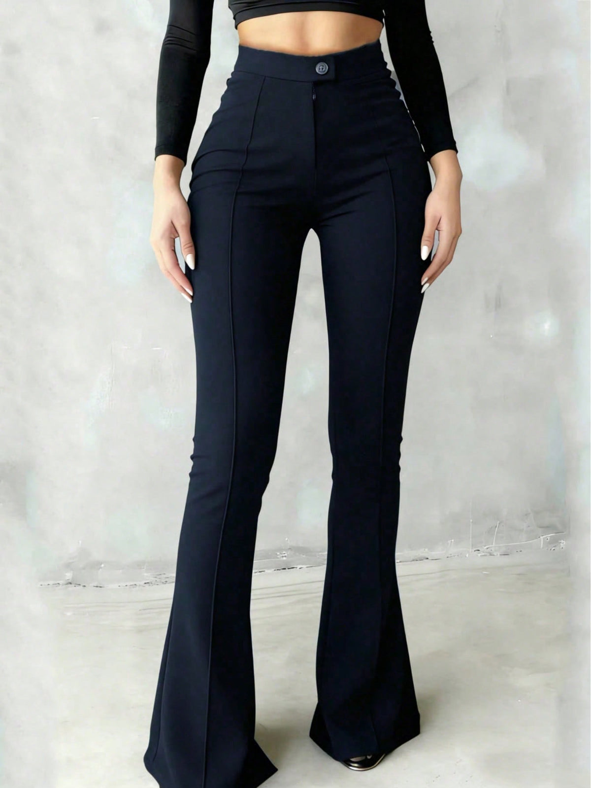 High-Waisted Flare Black Pants With Front Seam Detail, Button Design, Stretchy Black Trousers Suitable For Daily, Formal, Soft Fabric, Minimalist Fashion, Suitable For Vacation, Office, Casual, Busine