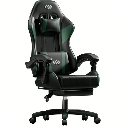 HLDIRECT Gaming Chair, Ergonomic Computer Office Chair With Lumbar Support Footrest Headrest, Adjustable Height & Backrest Angle Video Gamer Chair, PU Leather, 360° Swivel, Adult,Black And Green