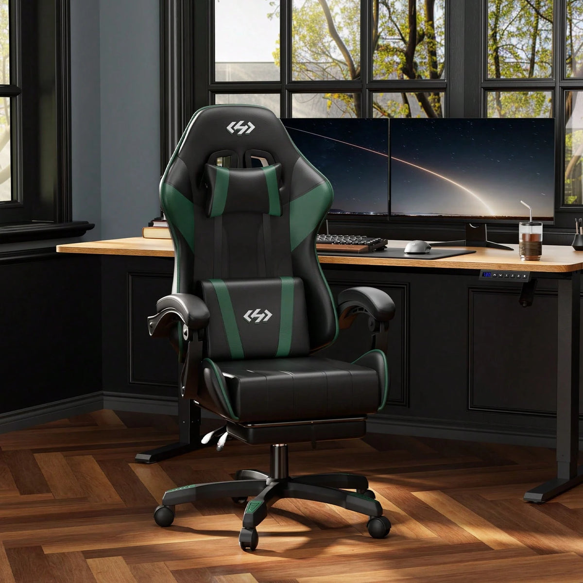 HLDIRECT Gaming Chair, Ergonomic Computer Office Chair With Lumbar Support Footrest Headrest, Adjustable Height & Backrest Angle Video Gamer Chair, PU Leather, 360° Swivel, Adult,Black And Green