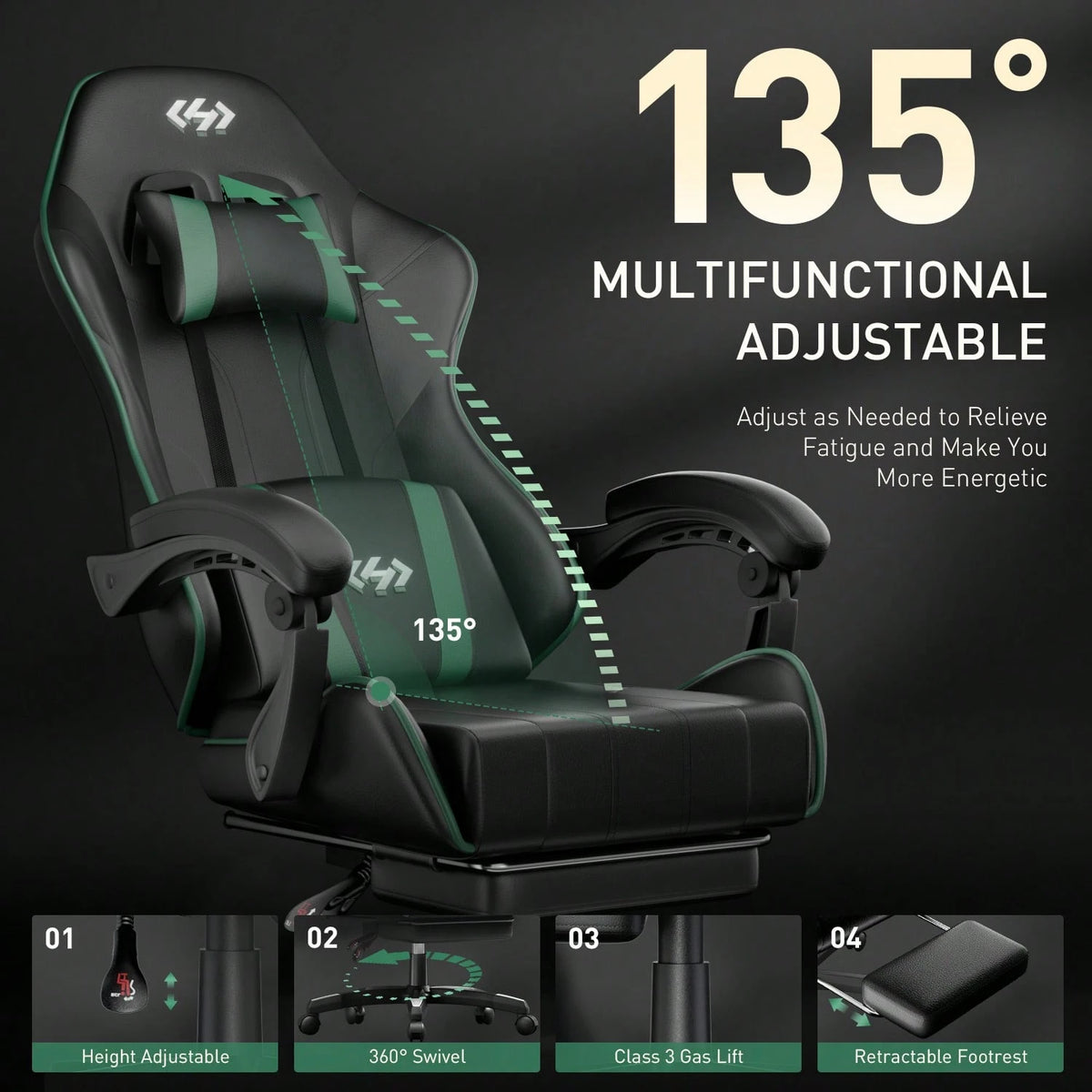 HLDIRECT Gaming Chair, Ergonomic Computer Office Chair With Lumbar Support Footrest Headrest, Adjustable Height & Backrest Angle Video Gamer Chair, PU Leather, 360° Swivel, Adult,Black And Green