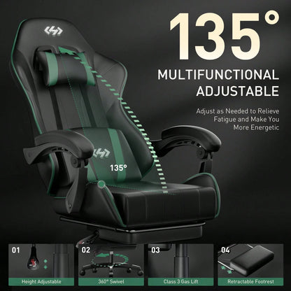 HLDIRECT Gaming Chair, Ergonomic Computer Office Chair With Lumbar Support Footrest Headrest, Adjustable Height & Backrest Angle Video Gamer Chair, PU Leather, 360° Swivel, Adult,Black And Green