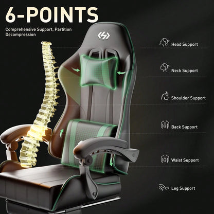 HLDIRECT Gaming Chair, Ergonomic Computer Office Chair With Lumbar Support Footrest Headrest, Adjustable Height & Backrest Angle Video Gamer Chair, PU Leather, 360° Swivel, Adult,Black And Green