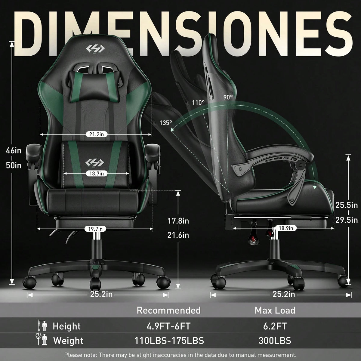 HLDIRECT Gaming Chair, Ergonomic Computer Office Chair With Lumbar Support Footrest Headrest, Adjustable Height & Backrest Angle Video Gamer Chair, PU Leather, 360° Swivel, Adult,Black And Green