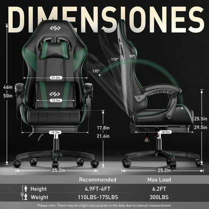 HLDIRECT Gaming Chair, Ergonomic Computer Office Chair With Lumbar Support Footrest Headrest, Adjustable Height & Backrest Angle Video Gamer Chair, PU Leather, 360° Swivel, Adult,Black And Green