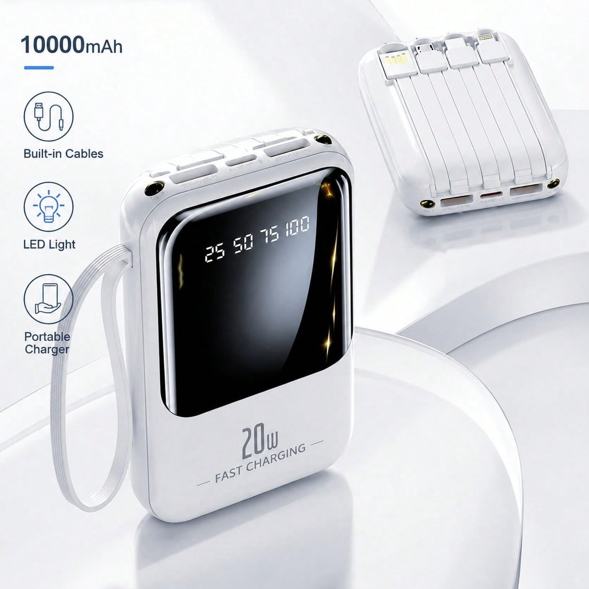 hoco. Detachable Cable Design 10000mAh Portable Power Bank With Removable Charging Cables, Fast Charging Battery Pack And Digital Power Display, Pocket Size Phone Charger For Commuting, Office Use, Ro