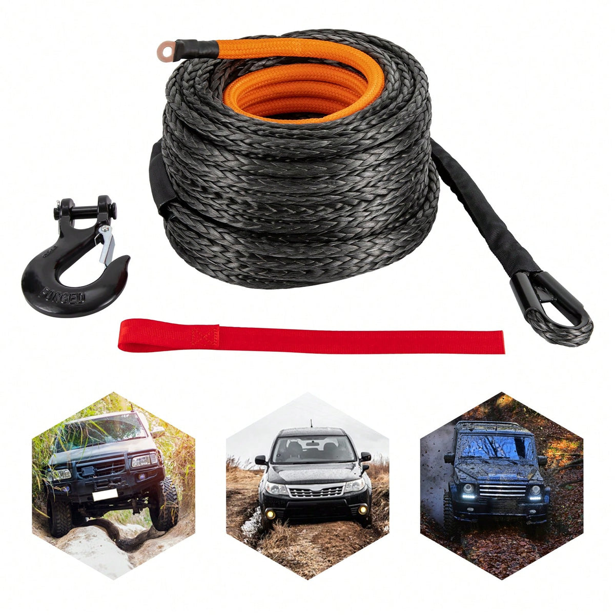 HOHOBLA (Black 1/2" X 92ft) Synthetic Winch Rope Kit, 31500lbs Winch Cable Replace Kit, W/Forged Winch Hook & Safety Pull Strap, Car Tow Recovery Cable For 4wd Off-Road Vehicle Truck SUV ATV Utv
